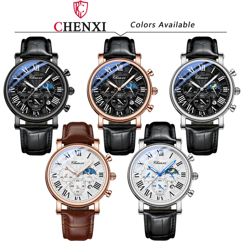 CHENghts-Montre-Bracelet Multifonctionnelle en Cuir pour Homme, Montre d'Affaires, Phase de Lune, Date, Étanche, Cadran Rome, Montres à Quartz, 973 AI0001 – Image 2
