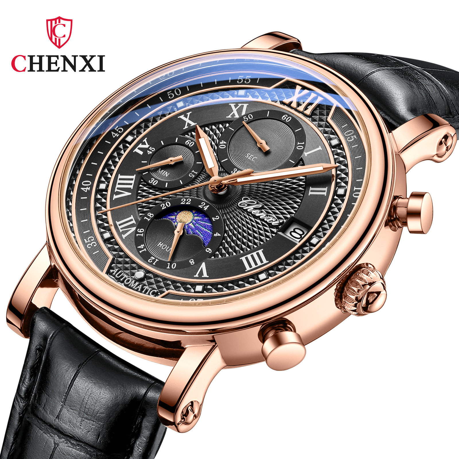 CHENghts-Montre-bracelet en cuir pour homme, chronographe, date, quartz, phase, lune, chronométrage, business, Shoous, 976 AI0001