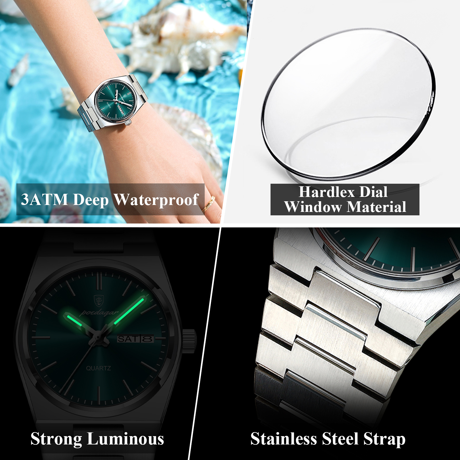 POEDAGAR-Montre à Quartz de Luxe pour Femme, Élégante, Étanche, Shoous, Date, Semaine, en Acier Inoxydable AI0001 – Image 4