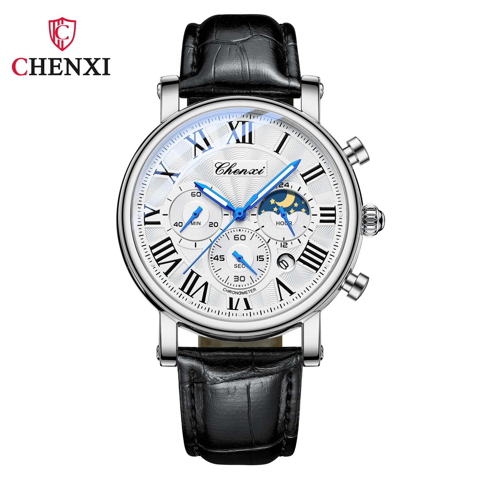 CHENghts-Montre-Bracelet Multifonctionnelle en Cuir pour Homme, Montre d'Affaires, Phase de Lune, Date, Étanche, Cadran Rome, Montres à Quartz, 973 AI0001 – Image 7