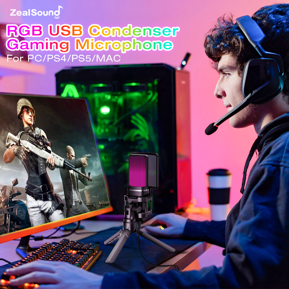 Zealsound – Microphone de jeu à condensateur USB RGB, pour PC, PS4, PS5, Mac, avec filtre Pop et sortie casque, micro pour ordinateur portable AI0001 – Image 5