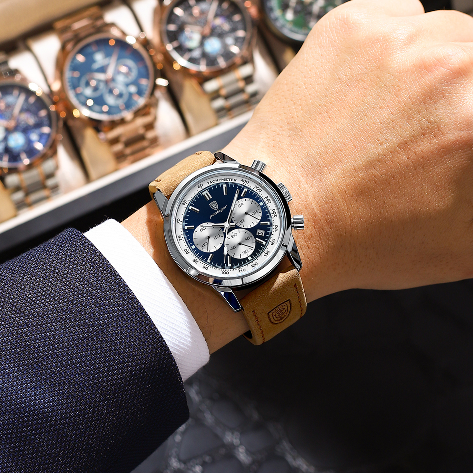 POEDAGAR-Montre-bracelet en cuir à quartz étanche pour homme, chronographe Shoous Date, montres pour homme, marque supérieure, luxe AI0001 – Image 2