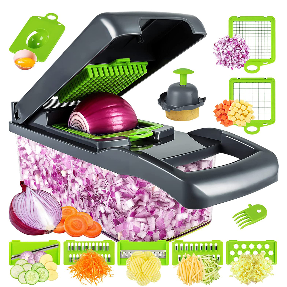 LMETJMA-Hachoir à légumes professionnel, trancheuse à mandoline, hachoir à oignons, trancheuse à légumes avec 8 lames et panier filtrant KC0451 AI0001