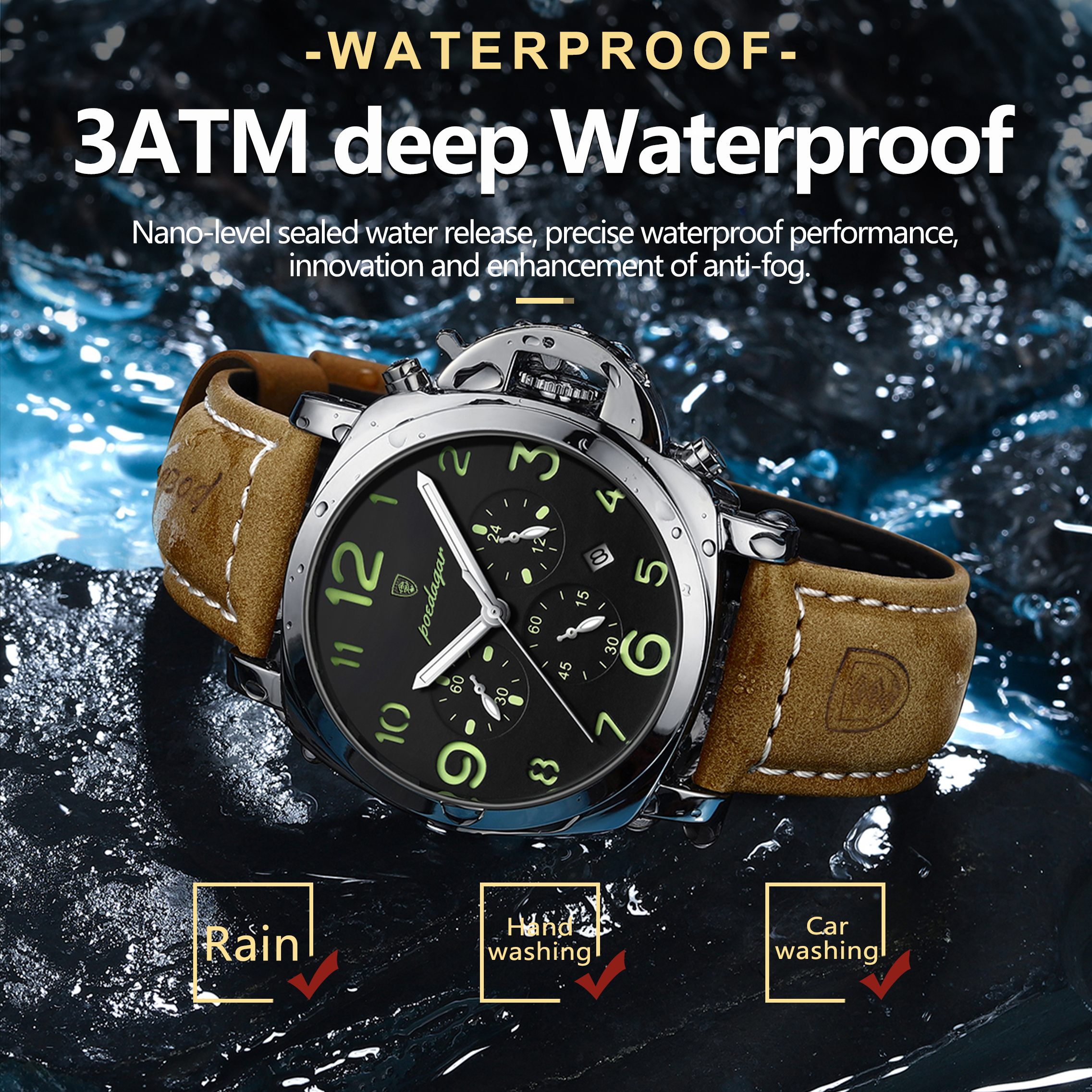 POEDAGAR-Montre Militaire de Luxe pour Homme, en Cuir Shoe, Étanche, à Quartz, de Haute Qualité, de dehors AI0001 – Image 5
