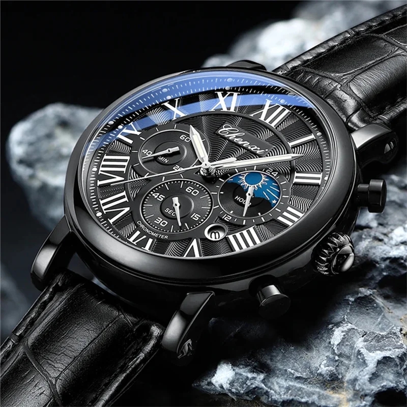 CHENghts-Montre-Bracelet Multifonctionnelle en Cuir pour Homme, Montre d'Affaires, Phase de Lune, Date, Étanche, Cadran Rome, Montres à Quartz, 973 AI0001 – Image 6