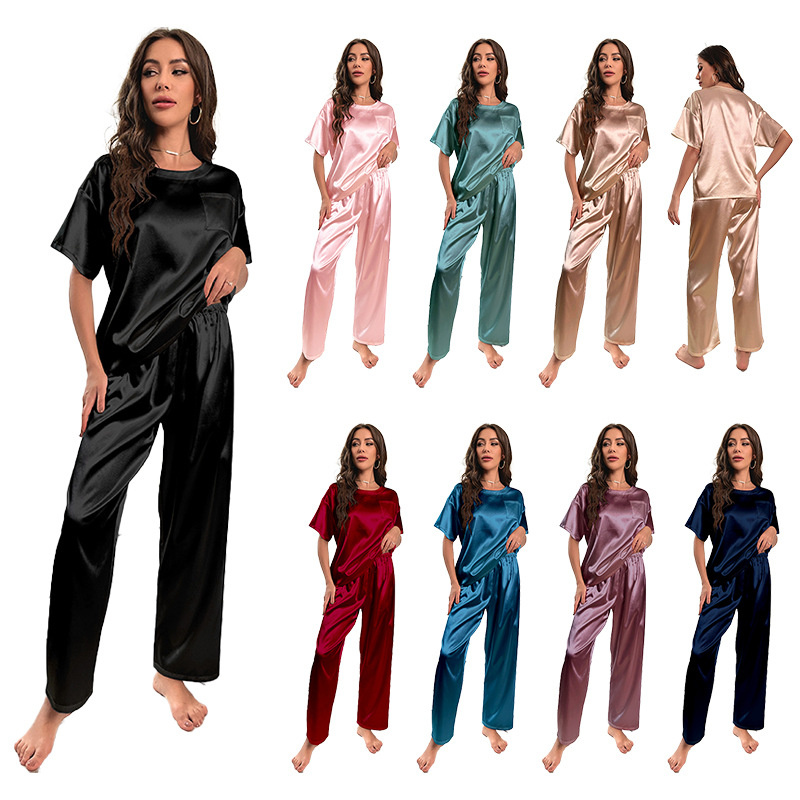 Pyjama en Satin Glacé à Manches Courtes pour Femme, Vêtement de Nuit Décontracté, Doux et Solide, à la Mode, Été AI0001 – Image 7