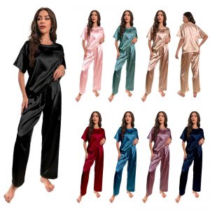 Pyjama en Satin Glacé à Manches Courtes pour Femme, Vêtement de Nuit Décontracté, Doux et Solide, à la Mode, Été AI0001