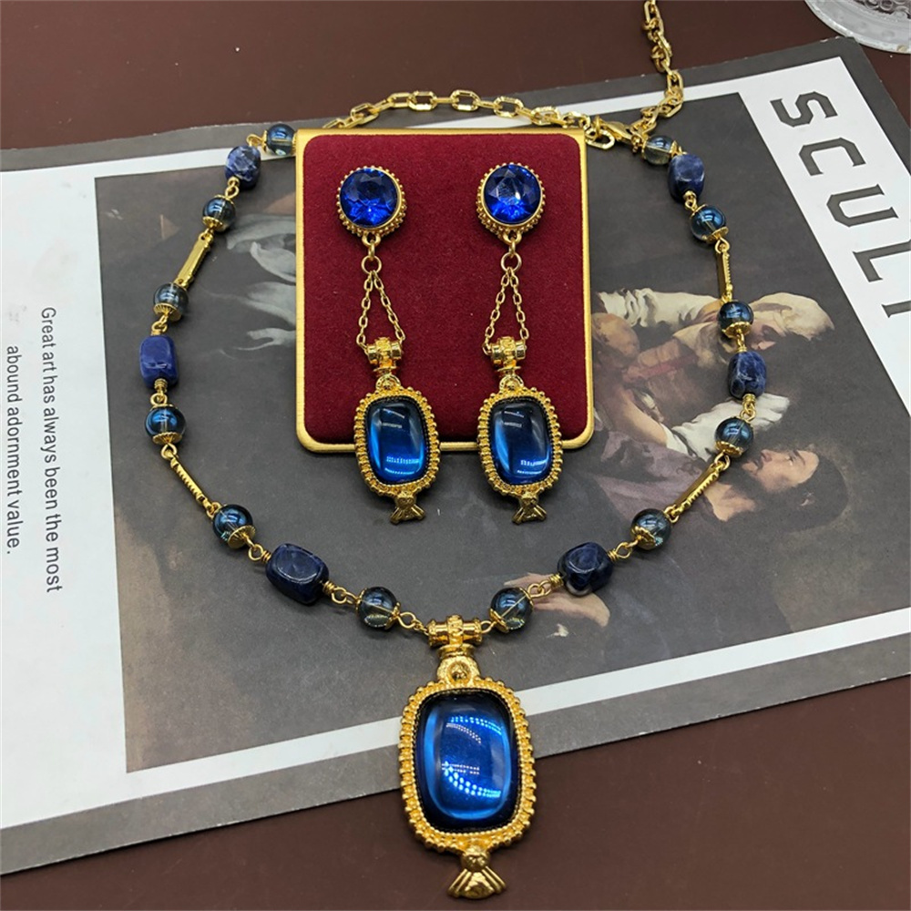 Ensemble de collier et boucles d'oreilles en verre bleu pour femmes, bijoux vintage, accessoires de robe de soirée, mode, nouveau AI0001