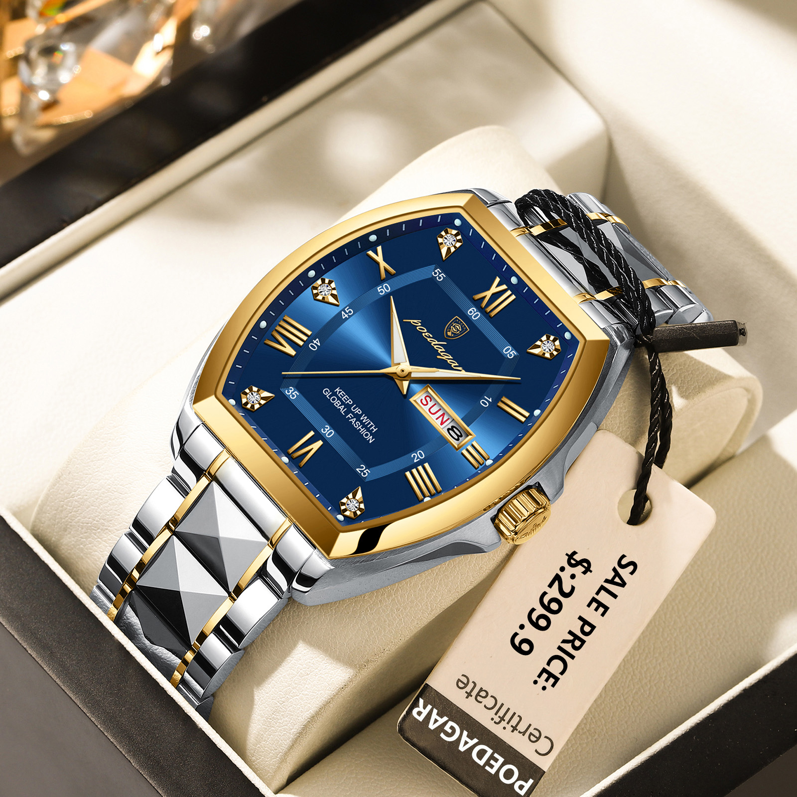 POEDAGAR-Montre de Luxe en Acier Inoxydable pour Homme, Étanche, Boîtier Tonneau, à Quartz, avec Date et Semaine AI0001 – Image 7