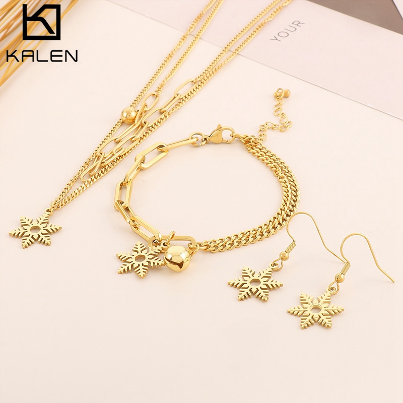 Ensemble de bijoux en acier inoxydable pour femme, double style, bracelet, collier, breloques cloche et flocon de neige, dessin animé, personnalité, Noël AI0001