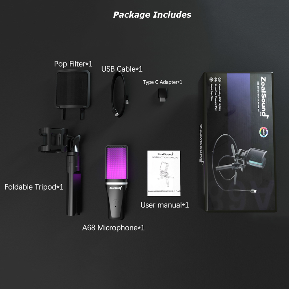 Zealsound – Microphone de jeu à condensateur USB RGB, pour PC, PS4, PS5, Mac, avec filtre Pop et sortie casque, micro pour ordinateur portable AI0001 – Image 2