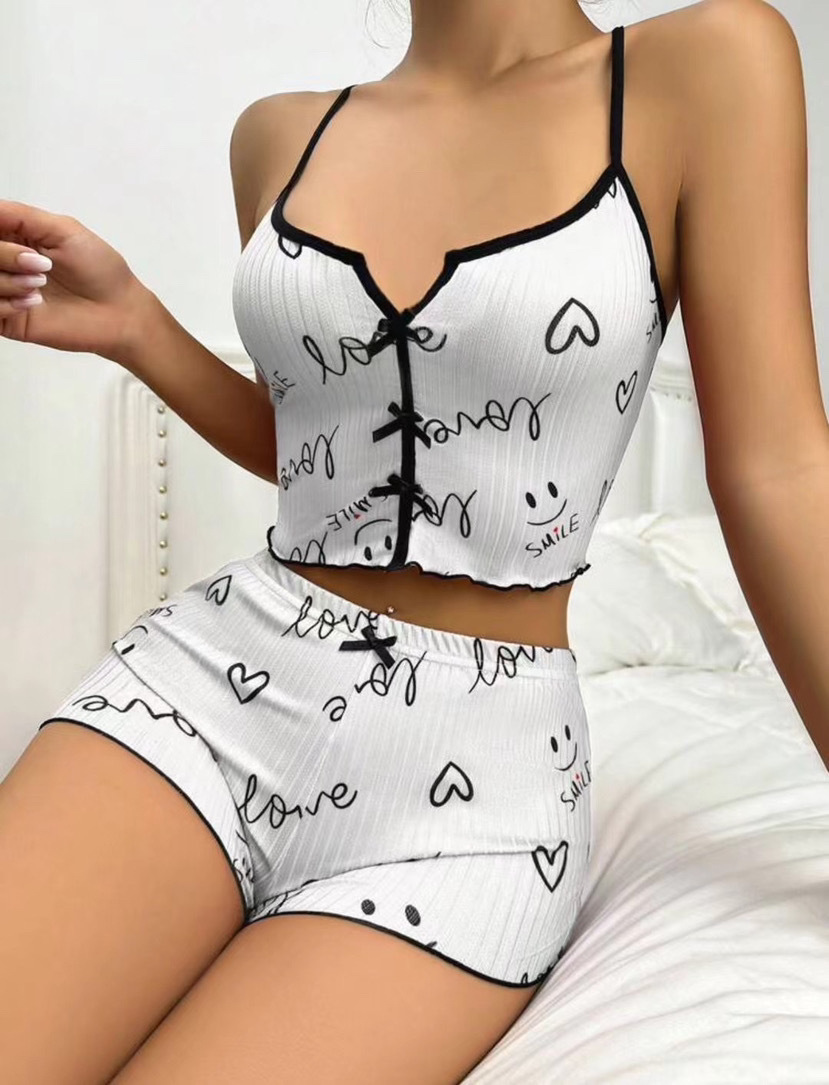 Short à bretelles sexy pour femme, pyjama imbibé de lait, vêtements de maison confortables, imprimé nœud AI0001 – Image 2