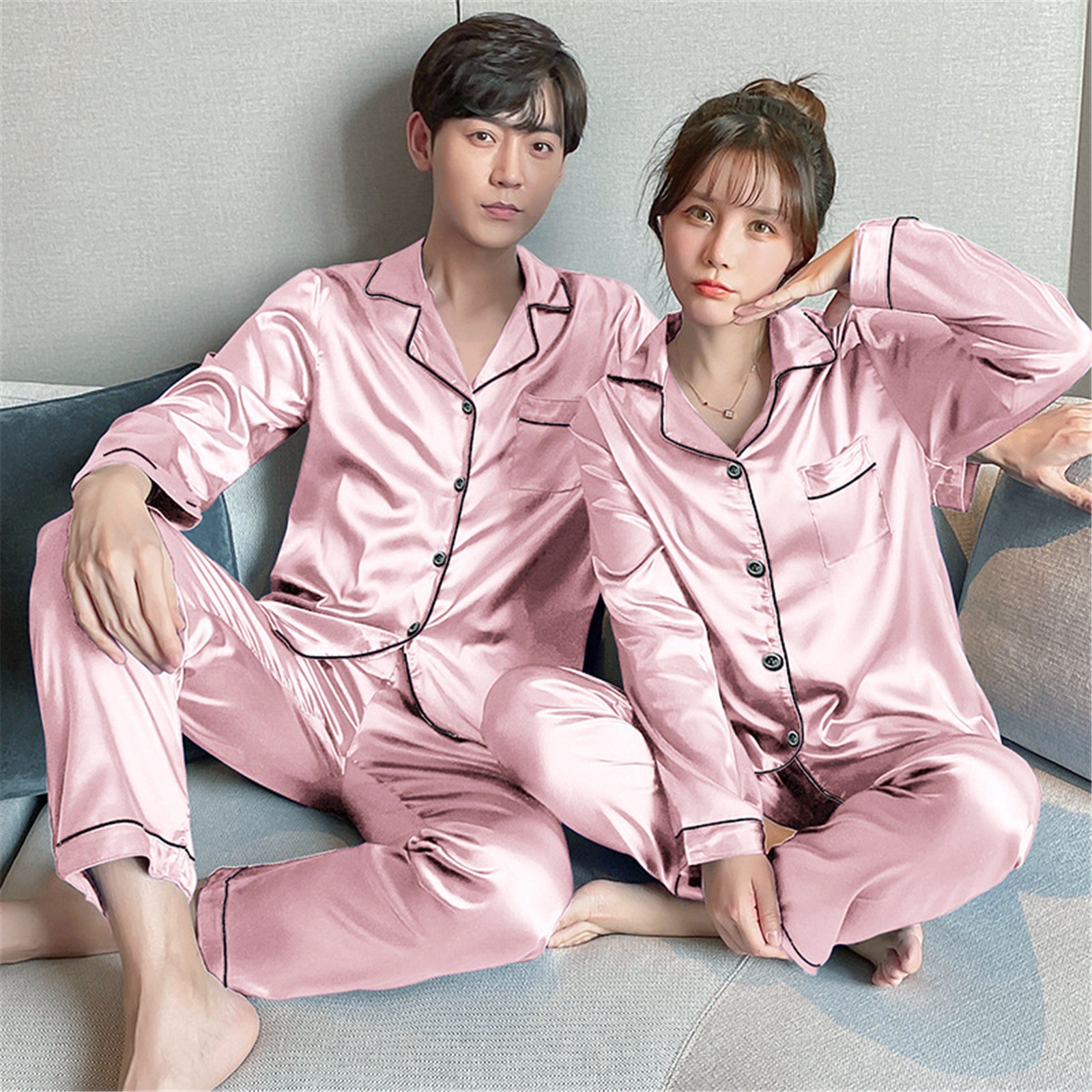 Ensemble de pyjama en satin à manches longues pour couple, vêtements de détente pour hommes, vêtements de nuit pour amoureux, pyjama Pj, grande taille AI0001 – Image 4