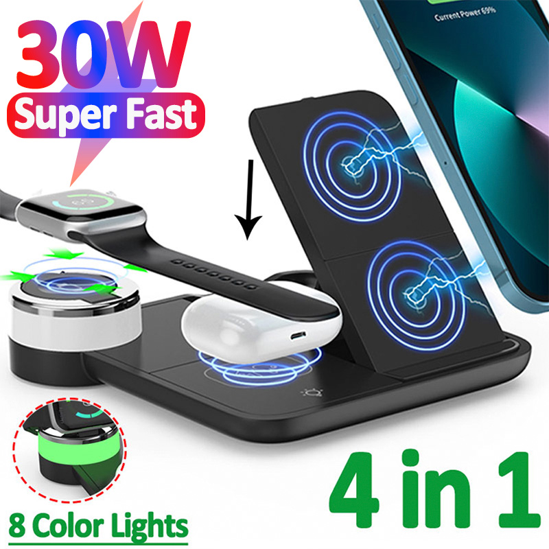 Support de chargeur rapide sans fil, station de charge pliable S6, 8 lumières, 4 en 1, iPhone 14, 13, 12, 11Pro Max, iWatch 8, 7, AirPods, 30W AI0001 – Image 7