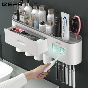 IZEFS-Porte-brosse à dents inversé à adsorption magnétique, double distributeur automatique de dentifrice, rangement, ensemble d'accessoires T1 HOAccessrespiration AI0001