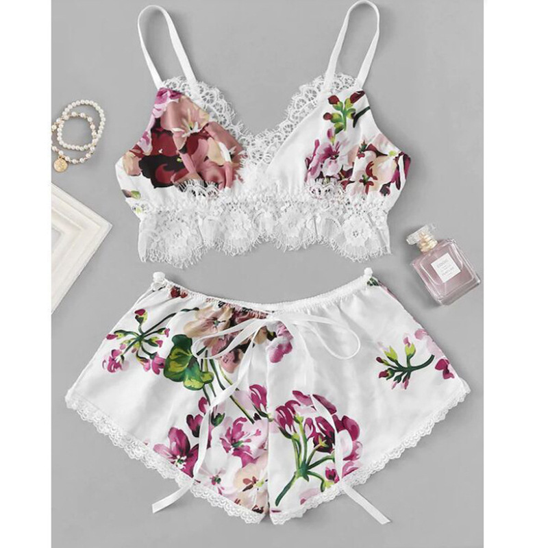 Ensembles de pyjamas en dentelle sexy pour femmes, sous-vêtements à fleurs, haut caraco, short, vêtements de maison, faux vêtements de nuit d'été, vêtements de détente décontractés AI0001 – Image 7