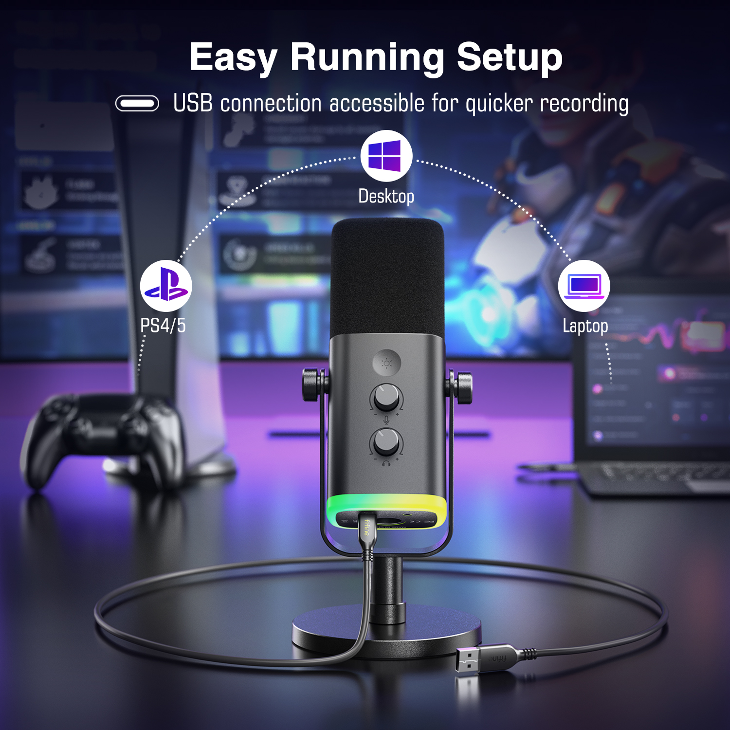 FIFINE-Microphone dynamique USB/XLR avec contrôle RVB/prise téléphonique sauna/muet, MIC pour PC Gaming Static Streaming AmpliGame-AM8 AI0001 – Image 2