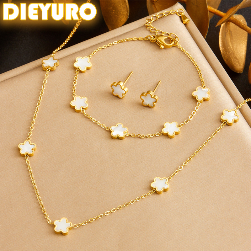 DIEYURO SION L-Ensemble de bijoux en acier inoxydable pour femme, coquille de mer blanche, cinq fleurs de cuir chevelu imbibées, bracelet tendance, nouveau, 2024 AI0001