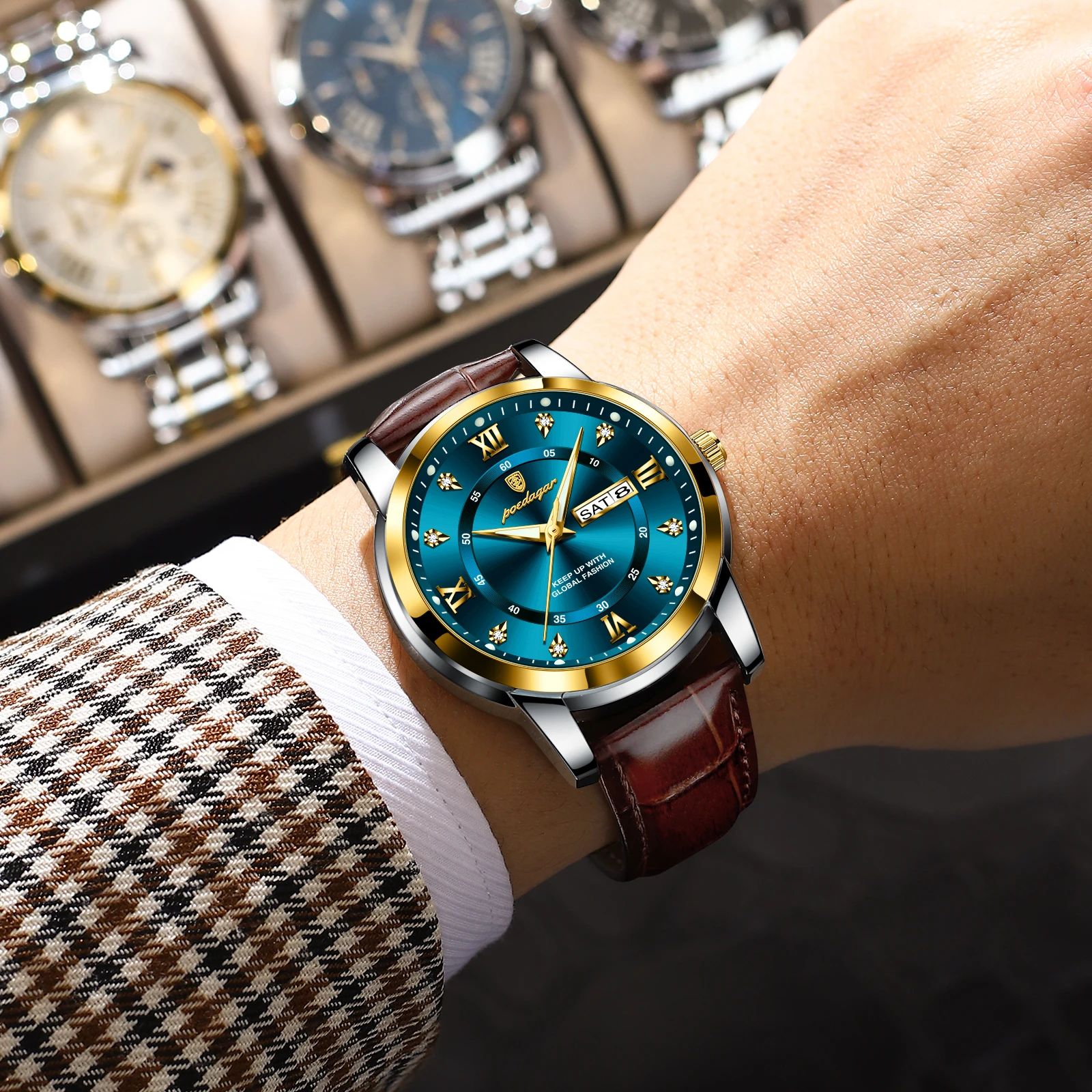 POEDAGAR-Montre-Bracelet de Luxe en Cuir pour Homme, Étanche, Shoous, Date, Semaine, dehors, Quartz, Horloge AI0001 – Image 2