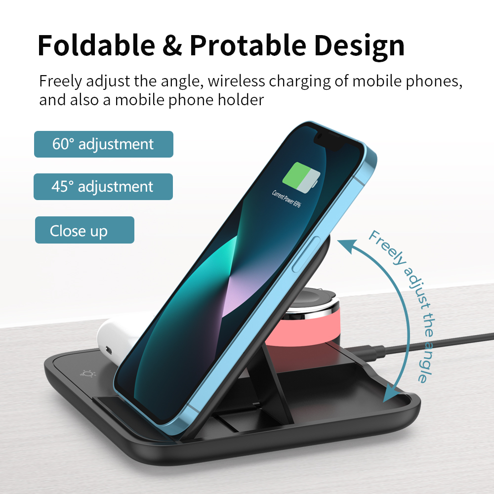 Support de chargeur rapide sans fil, station de charge pliable S6, 8 lumières, 4 en 1, iPhone 14, 13, 12, 11Pro Max, iWatch 8, 7, AirPods, 30W AI0001 – Image 5