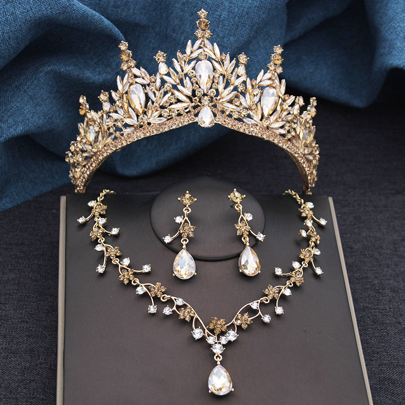 Ensemble de bijoux en cristal de champagne pour la mariée, couronne de mariage baroque, boucles d'oreilles diadème, collier de patients, costume de fête, cadeau d'anniversaire, paquet de 3 AI0001 – Image 7