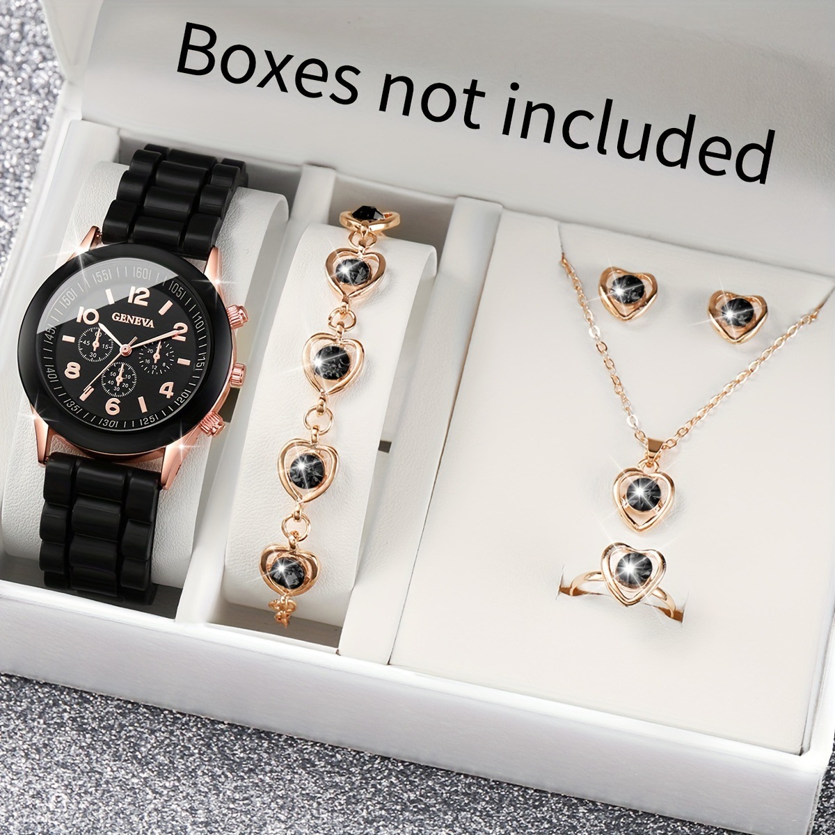 Ensemble de montre-bracelet à quartz pour femme, bague, collier, boucles d'oreilles, bracelet, coeur, papillon, bijoux pour femme, noir, mode de luxe, 5 pièces, 6 pièces AI0001 – Image 5