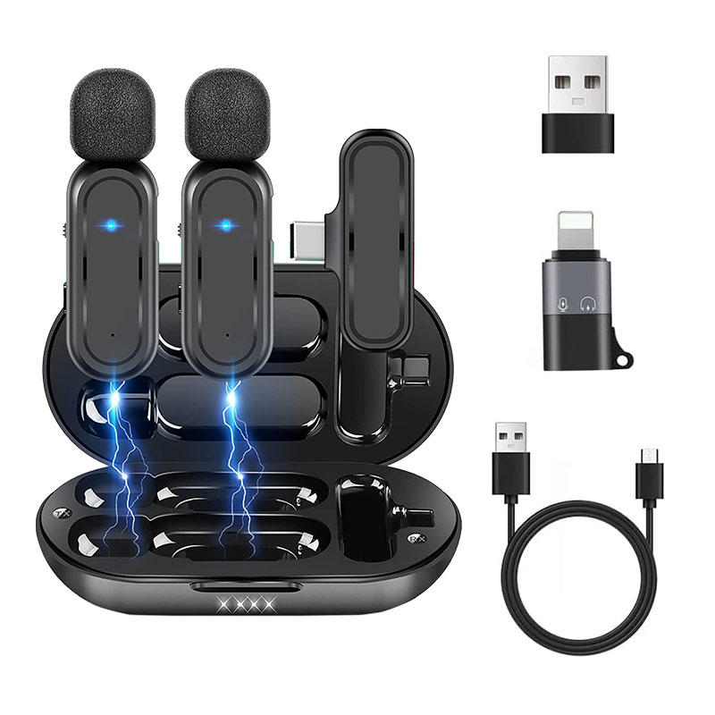 Collier de microphone sans fil à revers 2 en 1, pince Lavalier, micro audio aught, étui de chargement, adapté aux blogueurs, iPhone, téléphone portable, K61 Microphone portable sans fil microphone micro téléphone porta AI0001
