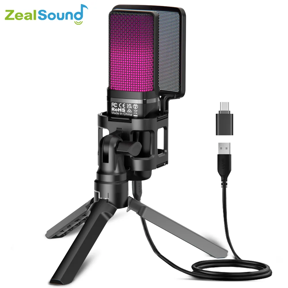 Zealsound – Microphone de jeu à condensateur USB RGB, pour PC, PS4, PS5, Mac, avec filtre Pop et sortie casque, micro pour ordinateur portable AI0001 – Image 7