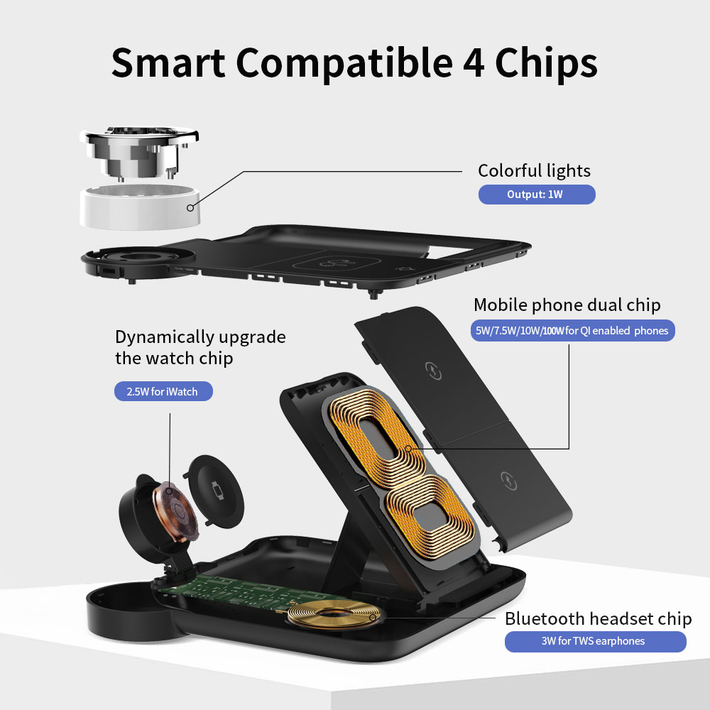 Support de chargeur rapide sans fil, station de charge pliable S6, 8 lumières, 4 en 1, iPhone 14, 13, 12, 11Pro Max, iWatch 8, 7, AirPods, 30W AI0001 – Image 4