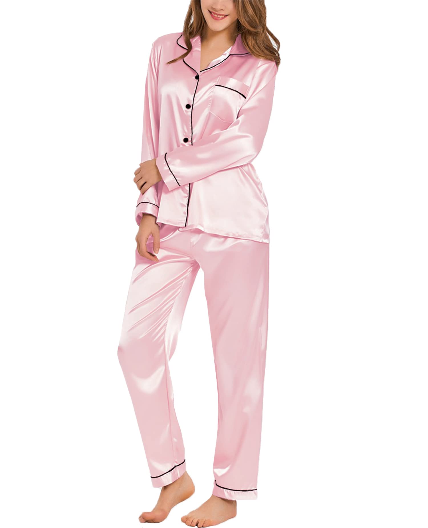 Pyjama en Satin de soie pour femmes, vêtements de nuit deux pièces, manches longues boutonnées, ensemble Pj Long AI0001 – Image 4