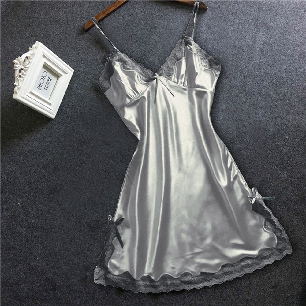 Chemise de nuit en dentelle satinée pour femmes, lingerie sexy, vêtements de nuit en fibre, jupe de nuit, col en V profond, vêtements de nuit AI0001 – Image 2