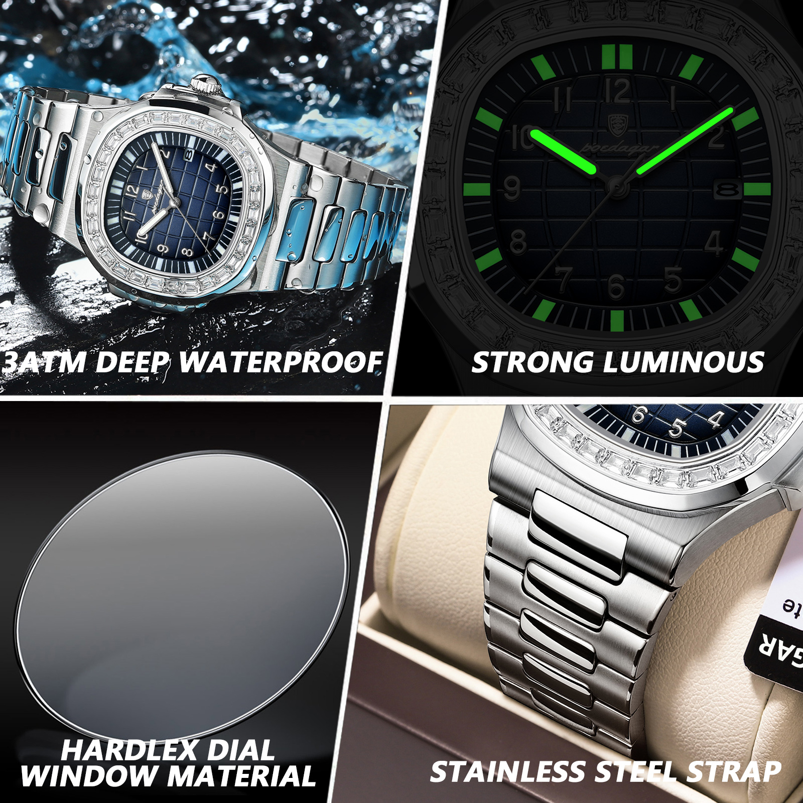 POEDAGAR-Montre-bracelet carrée de luxe pour homme, montre étanche Shoous, montres à quartz en acier inoxydable, horloge décontractée pour homme, date AI0001 – Image 4
