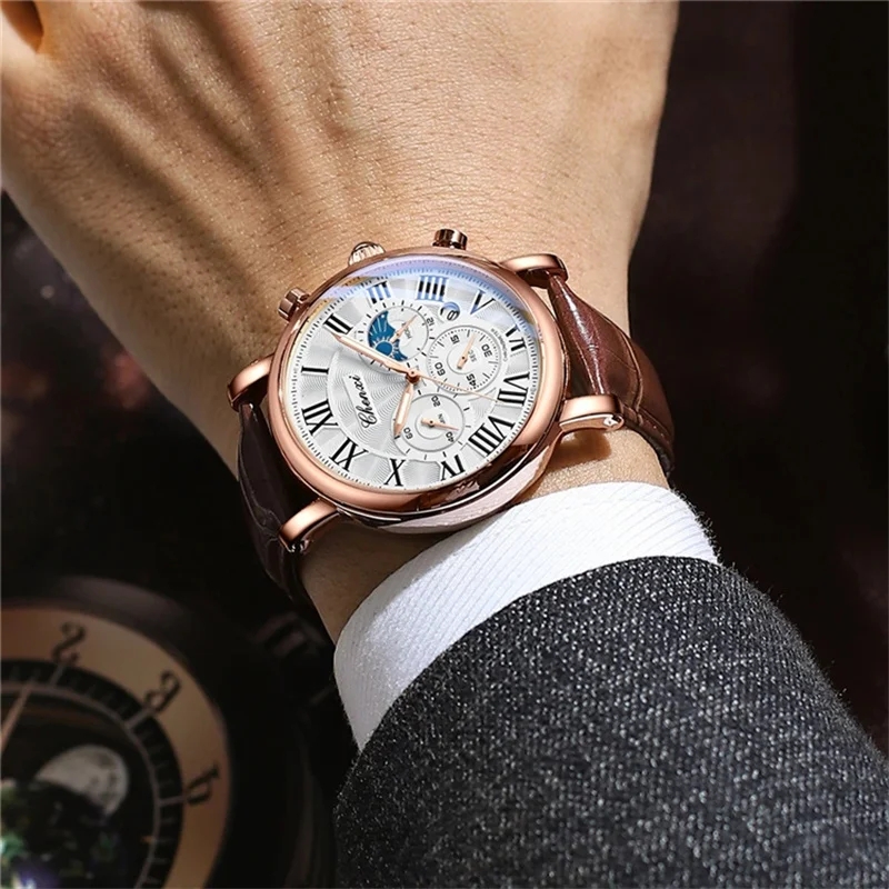 CHENghts-Montre-Bracelet Multifonctionnelle en Cuir pour Homme, Montre d'Affaires, Phase de Lune, Date, Étanche, Cadran Rome, Montres à Quartz, 973 AI0001 – Image 5