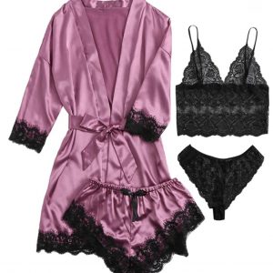Ensemble pyjama en satin pour femme, 4 pièces, avec bretelles en dentelle, pour dormir, nouvelle collection été AI0001