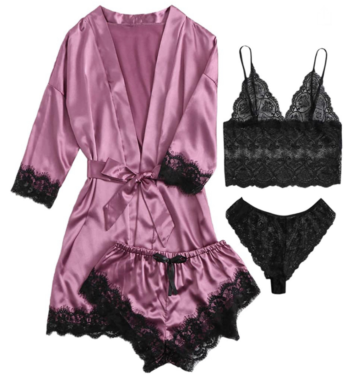 Ensemble pyjama en satin pour femme, 4 pièces, avec bretelles en dentelle, pour dormir, nouvelle collection été AI0001 – Image 7