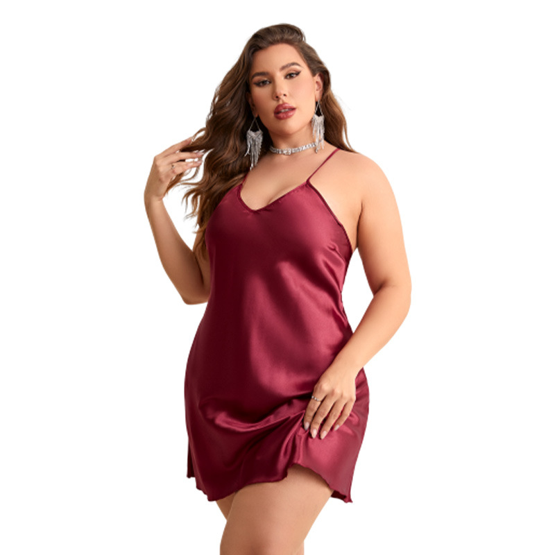 InjSatin-Chemise de nuit sexy à col en V pour femme, chemise de nuit grande taille, dos croisé en fibre solide, vêtements de nuit féminins, vêtements de zone AI0001 – Image 4