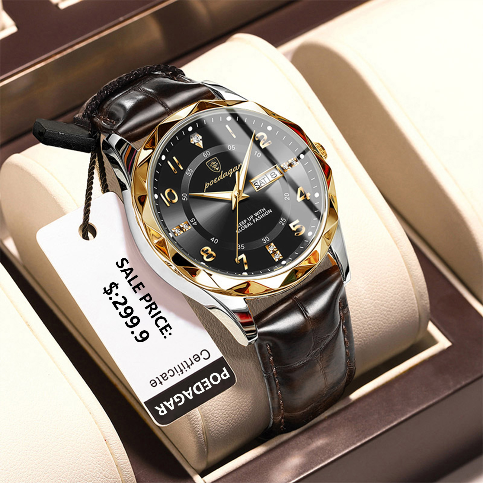 POEDAGAR-Montre de sport en cuir à quartz pour homme, montres de luxe de haute qualité, étanche, Shoous, date, semaine AI0001 – Image 6