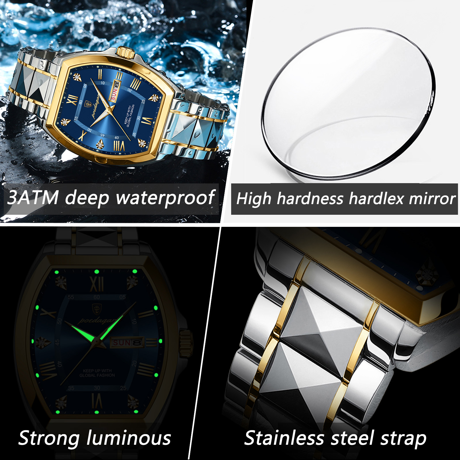POEDAGAR-Montre de Luxe en Acier Inoxydable pour Homme, Étanche, Boîtier Tonneau, à Quartz, avec Date et Semaine AI0001 – Image 5