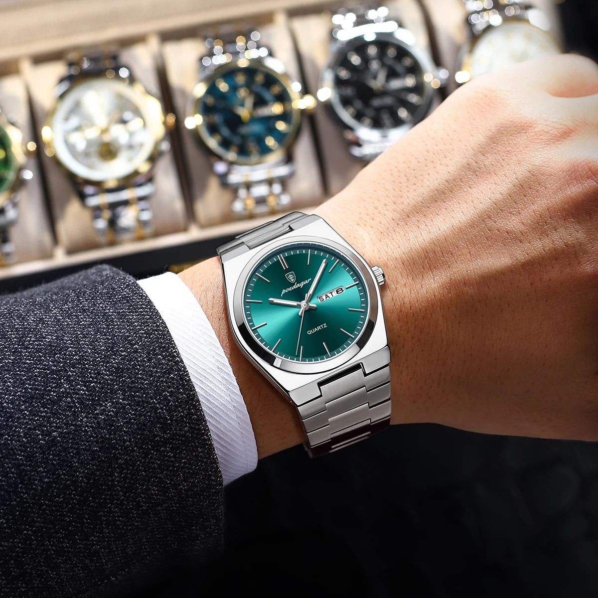 POEDAGAR-Montre-Bracelet à Quartz de Luxe pour Homme, en Acier Inoxydable, Étanche, avec Boîte AI0001 – Image 2