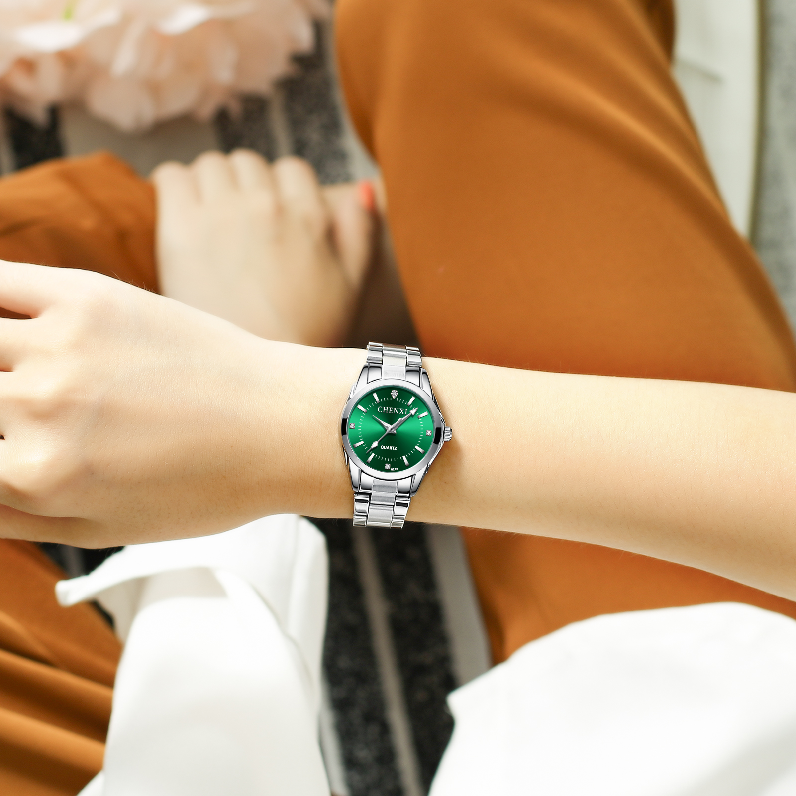 CHENXI-Montre-bracelet à quartz en acier inoxydable pour femme, horloge argentée, montre étanche pour femme, mode AI0001 – Image 6