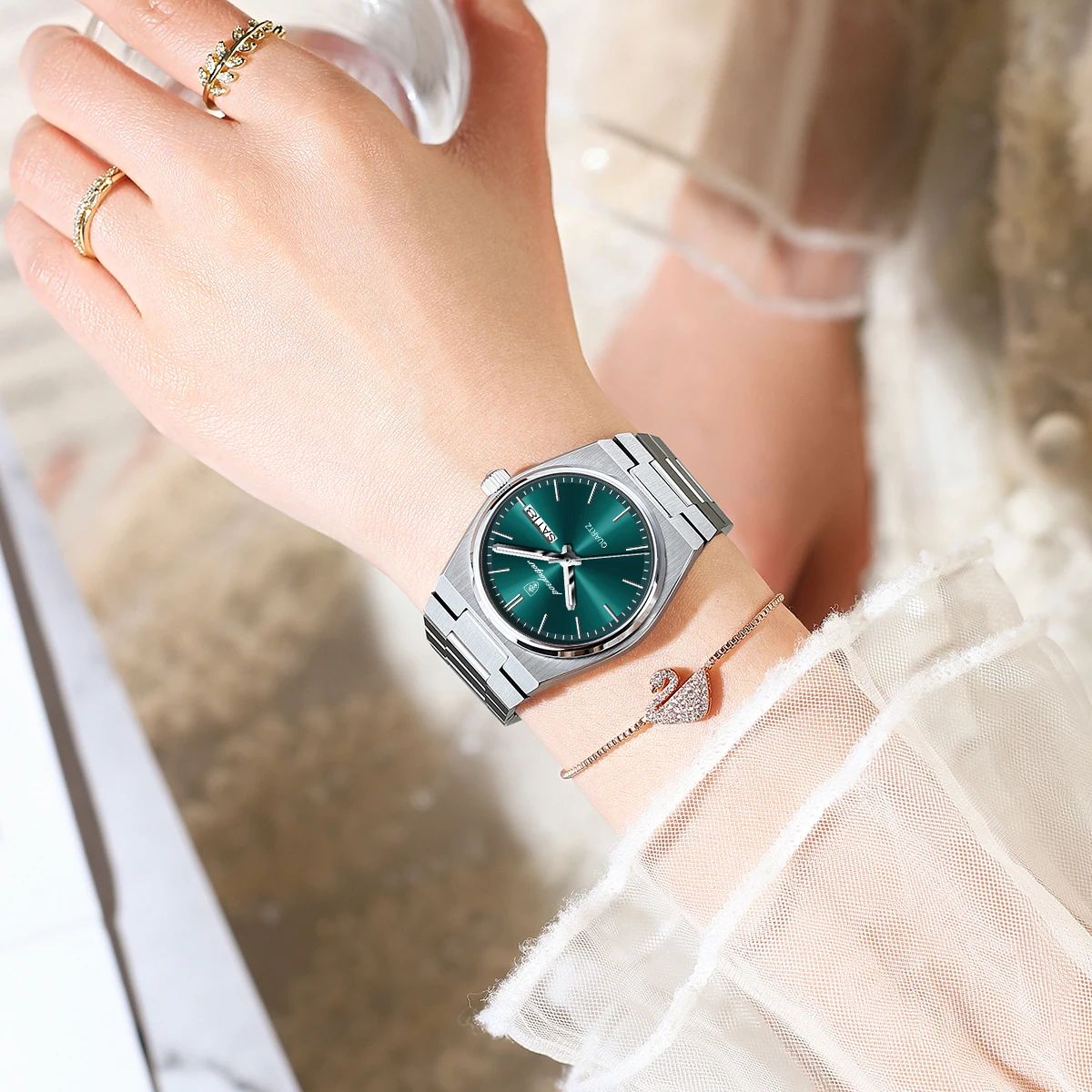 POEDAGAR-Montre à Quartz de Luxe pour Femme, Élégante, Étanche, Shoous, Date, Semaine, en Acier Inoxydable AI0001 – Image 3