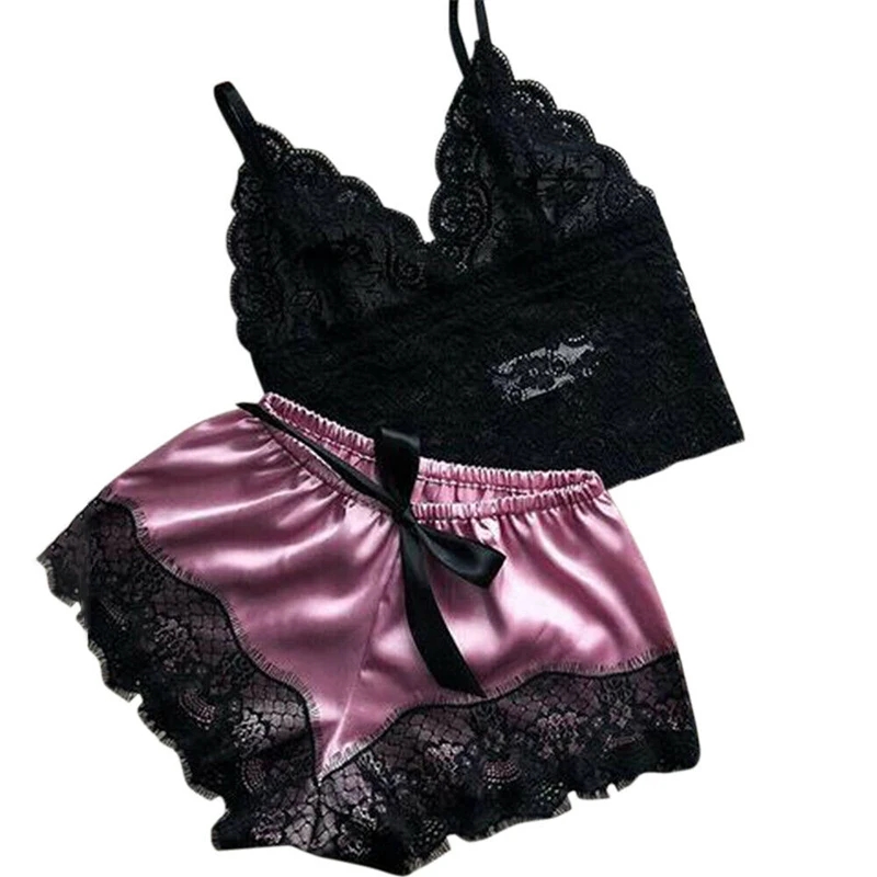 Vêtements de nuit sexy en dentelle pour femmes, nuisette à col en V, ensemble de pyjamas, lingerie, short en Y AI0001