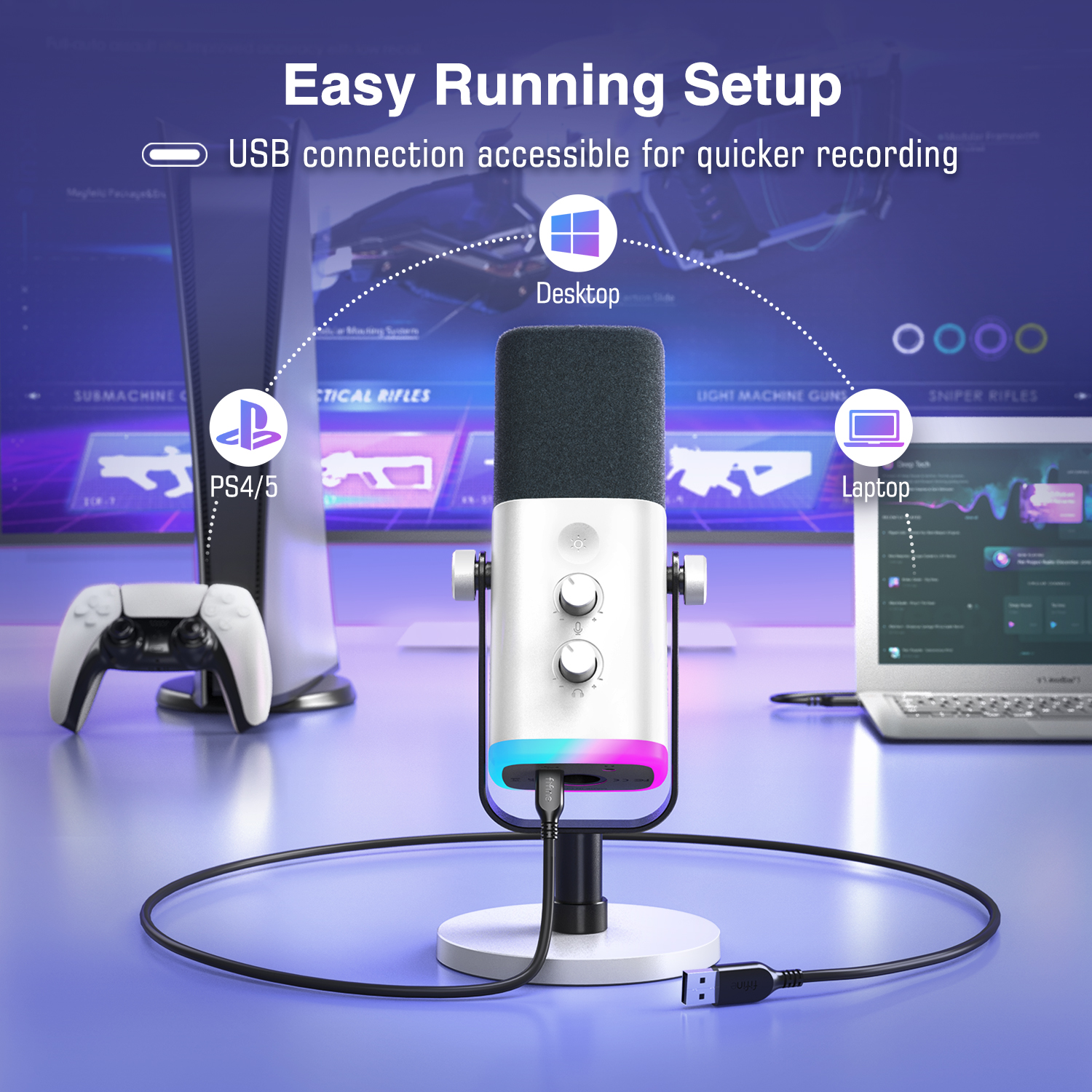 FIFINE-Microphone dynamique avec prise téléphonique sauna, RVB, muet, micro pour streaming statique, jeux PS4, PS5, Ampligame, AM8W, XLR, USB AI0001 – Image 3