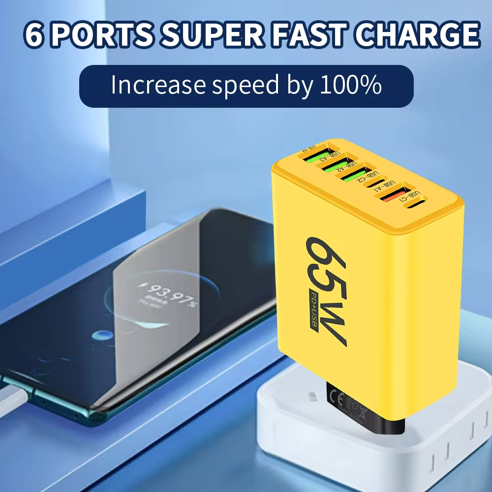 Chargeur USB Type C à Charge Rapide 65W, Prise UE/US/UK 6 Ports PD 3.0, Adaptateur Mural IOS 15 pour Téléphone Xiaomi Huawei AI0001 – Image 3