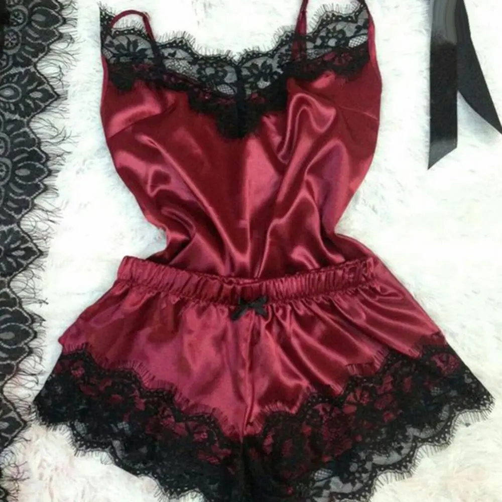 Pyjama en Satin et dentelle pour femmes, vêtements de nuit Sexy, haut sans manches + short, 2 pièces AI0001 – Image 3