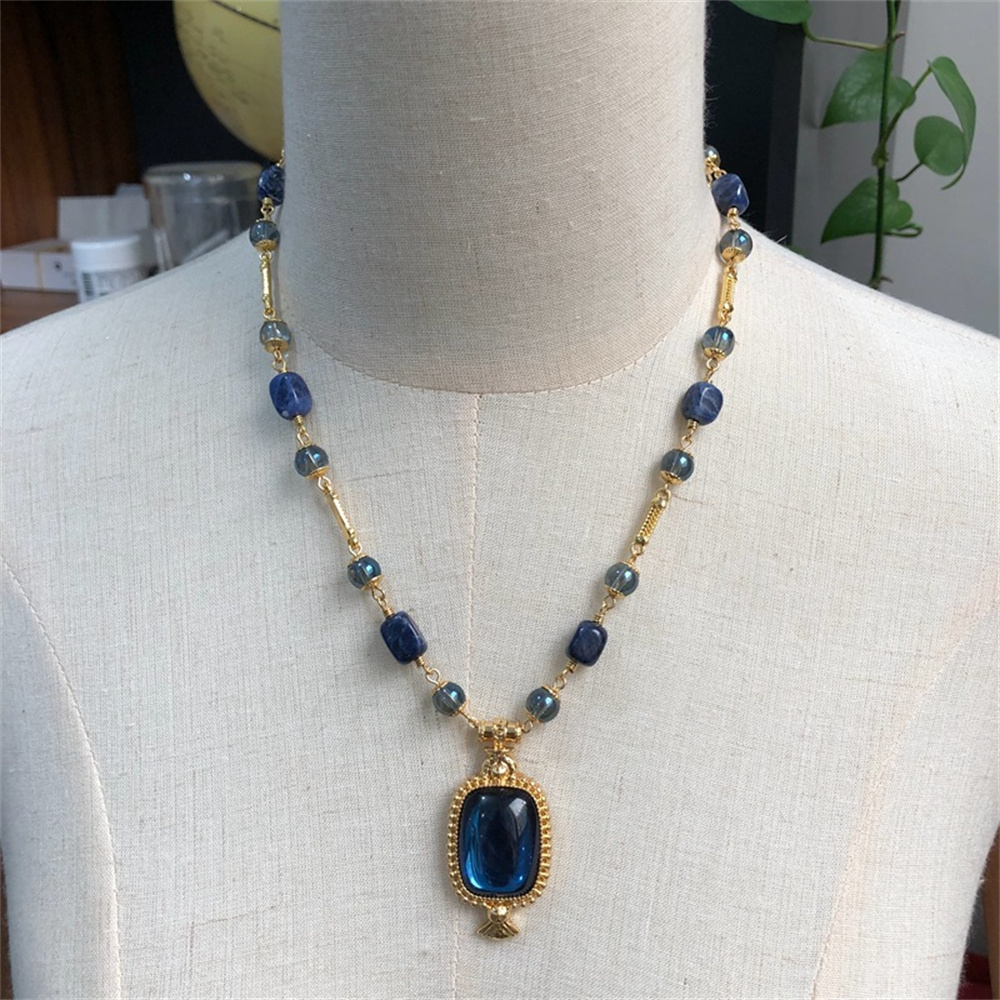 Ensemble de collier et boucles d'oreilles en verre bleu pour femmes, bijoux vintage, accessoires de robe de soirée, mode, nouveau AI0001 – Image 3
