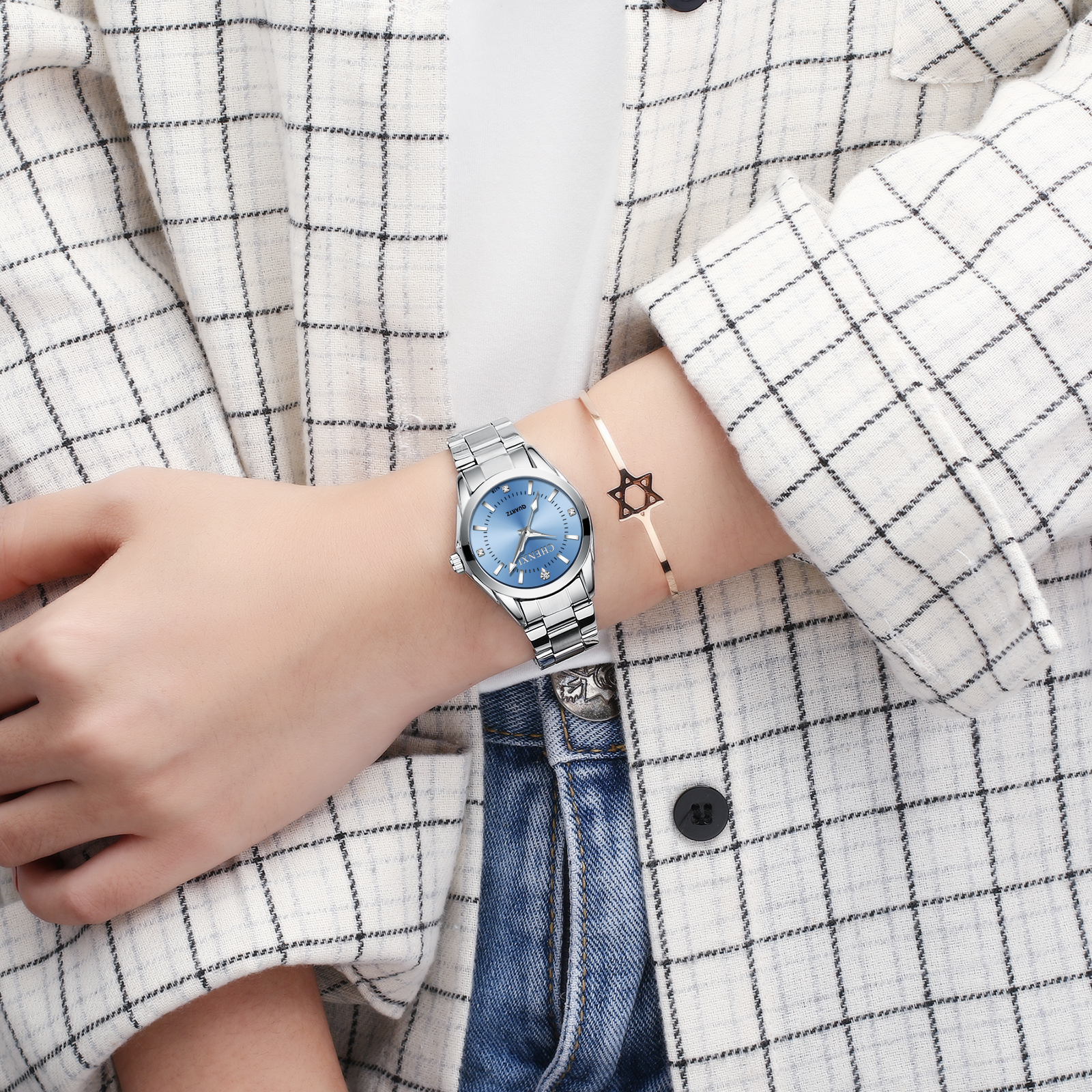 CHENXI-Montre-bracelet à quartz en acier inoxydable pour femme, horloge argentée, montre étanche pour femme, mode AI0001 – Image 2