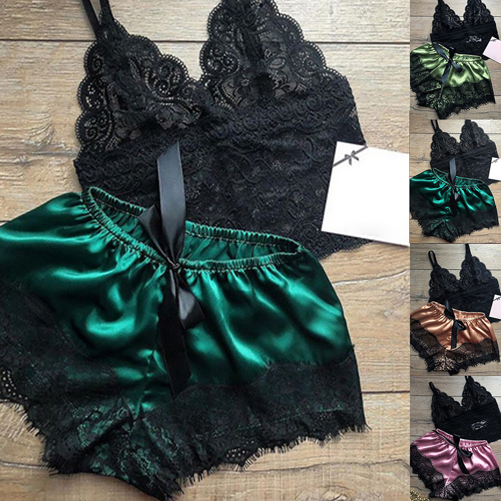 Pyjama sexy en dentelle pour femmes, ensemble 2 pièces, patchwork, satin, bretelles spaghetti, haut, short chaud, vêtements de nuit AI0001 – Image 3
