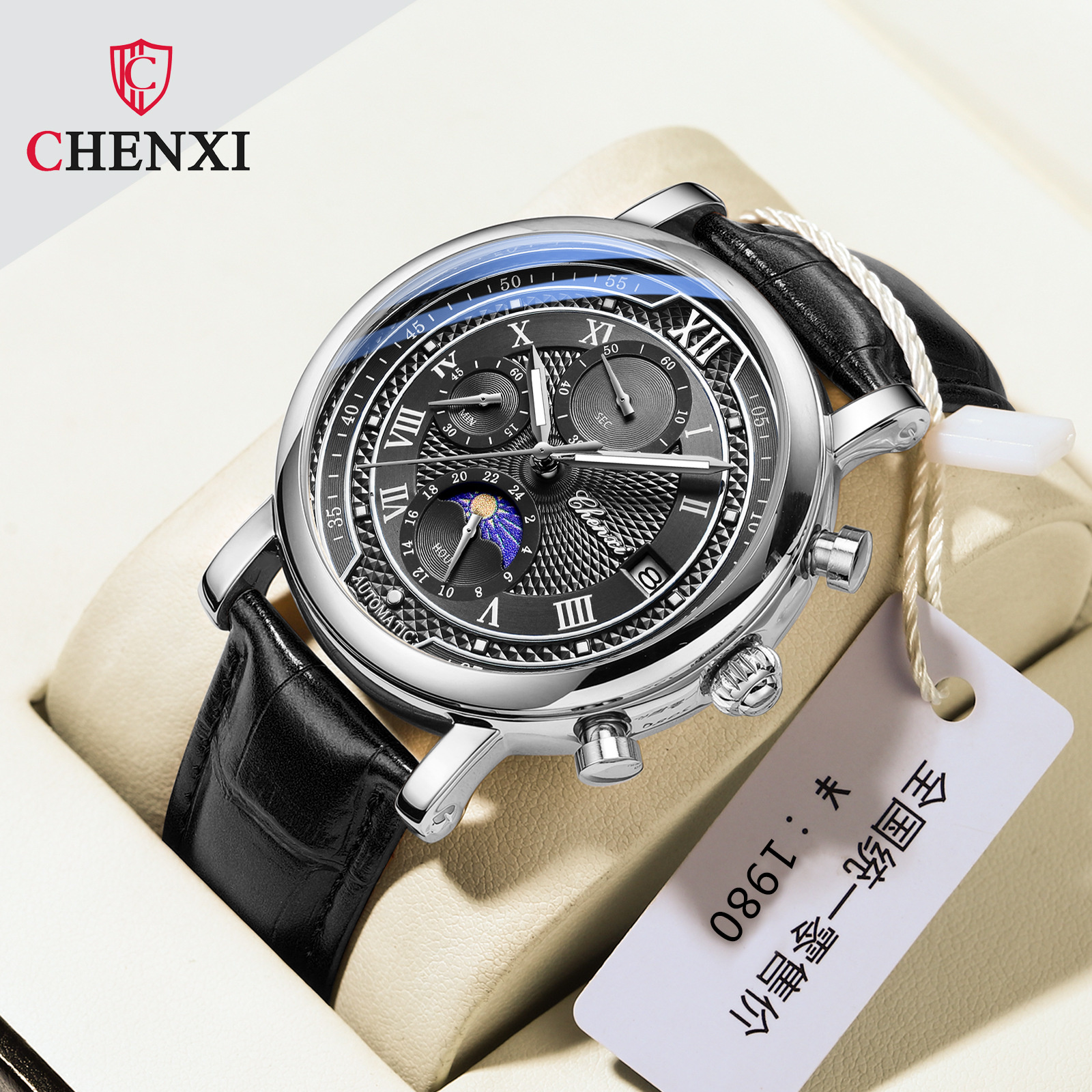 CHENghts-Montre-bracelet en cuir pour homme, chronographe, date, quartz, phase, lune, chronométrage, business, Shoous, 976 AI0001 – Image 4