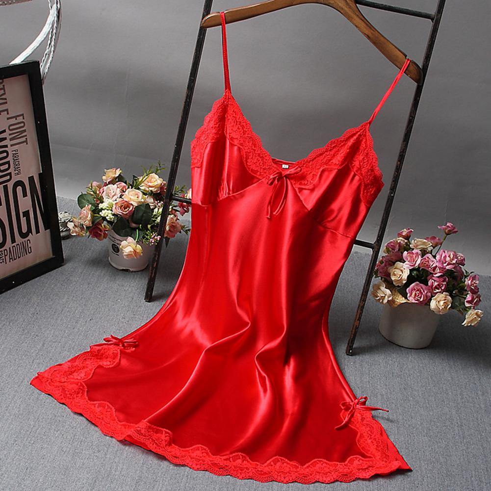 Robe de nuit en Satin pour femmes, couleur unie, col en V, bretelles Spaghetti, dos nu, sans manches, dentelle, Patchwork, vêtement AI0001 – Image 2